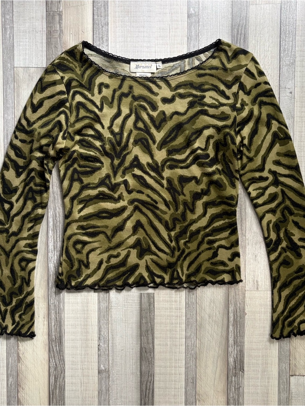 Merona Olive Tiger-Print Long Sleeve Scoop Neck Top